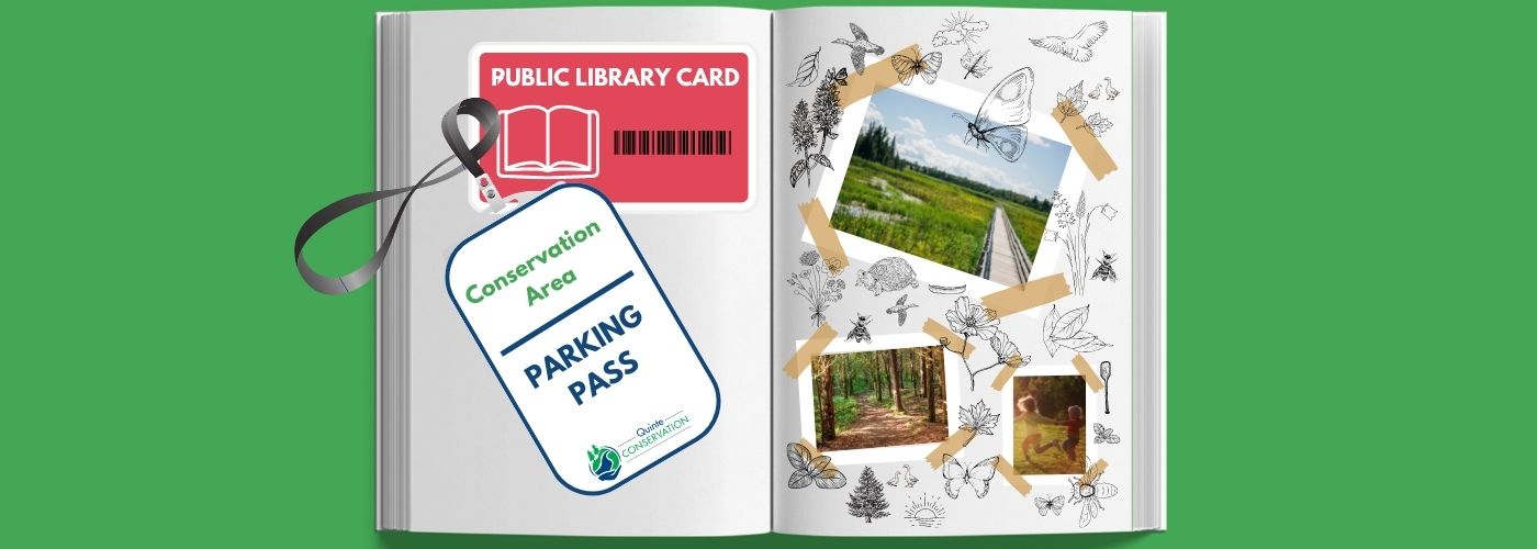 Open book with library card and access card on left page. Right page has images of conservation areas